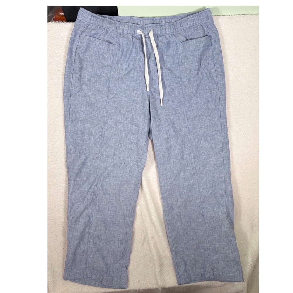 Orvis Linen Blend Pants Drawstring Light Blue Chambray Straight Leg Women Large - Picture 2 of 13